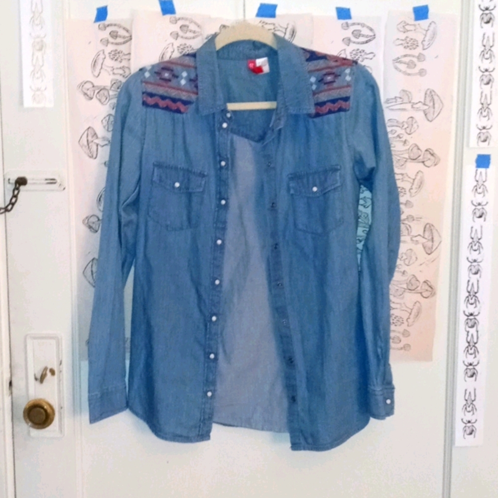 Embroidered Chambray Button Down Shirt